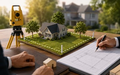 Surveyor reviewing a residential property survey plan beside a model house and total station equipment, illustrating boundary verification and land registry survey services.
