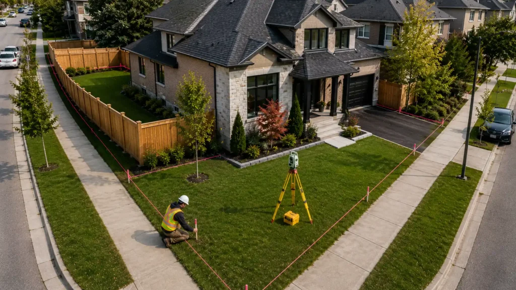Professional land surveyor marking residential property boundaries with a total station and boundary stakes in the Greater Toronto Area.