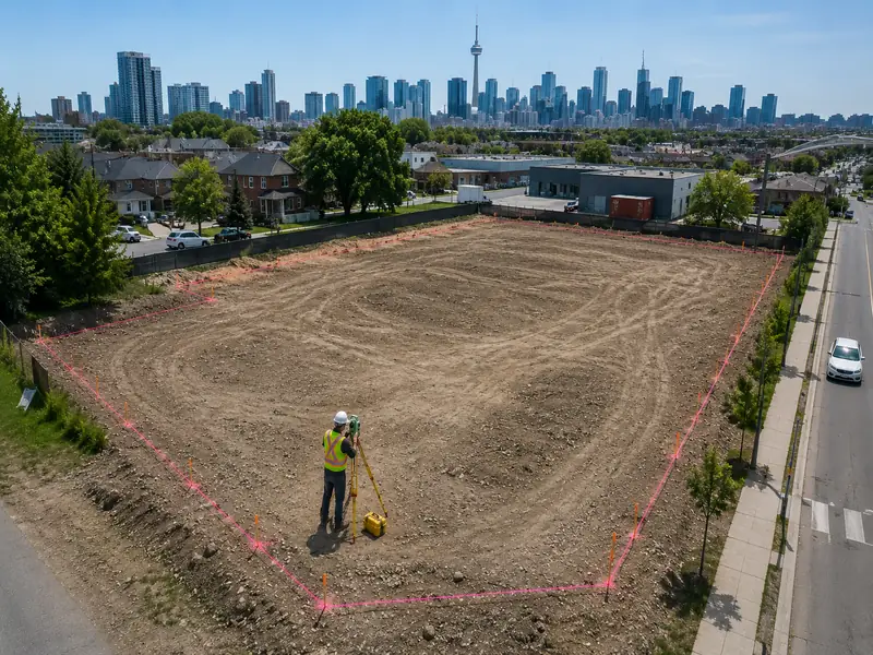 Land surveyor using a total station to perform a boundary survey on a large development site with the Toronto skyline in the background.