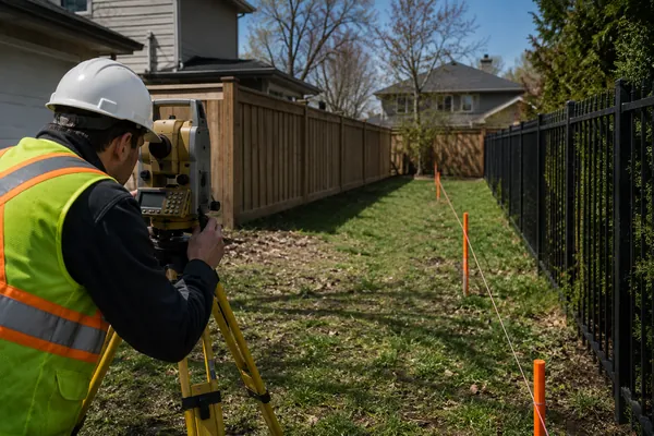 Boundary line survey in the GTA with a professional land surveyor using a total station to establish residential property boundaries between neighboring lots.