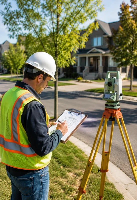 Professional land surveyor reviewing site plans on a clipboard beside a total station while conducting a residential building permit survey in the Greater Toronto Area.