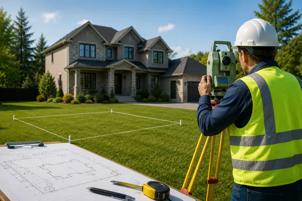 Land surveyor using a total station to measure a residential property in front of a modern suburban home.