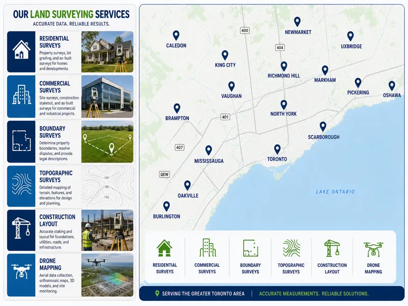 Land surveying service area map across the Greater Toronto Area featuring residential, commercial, boundary, topographic, construction layout, and drone mapping services.