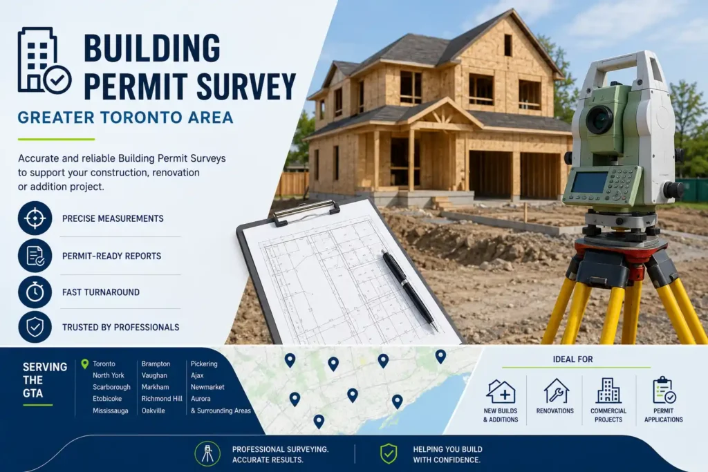 Building Permit Survey services across the Greater Toronto Area, featuring a surveyor's total station, site plan drawings, a residential construction project, and a GTA service area map highlighting major cities served.